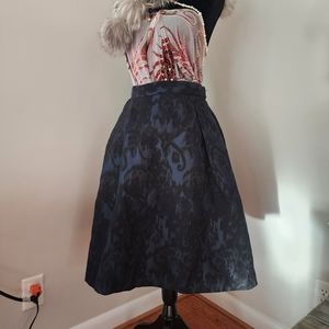 H&M knee length blue black brocade skirt 28" waist POCKETS! GEORGEOUS